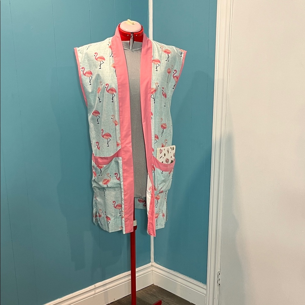 Upcycled - Flamingo Print Sleeveless Robe with Pink Trim